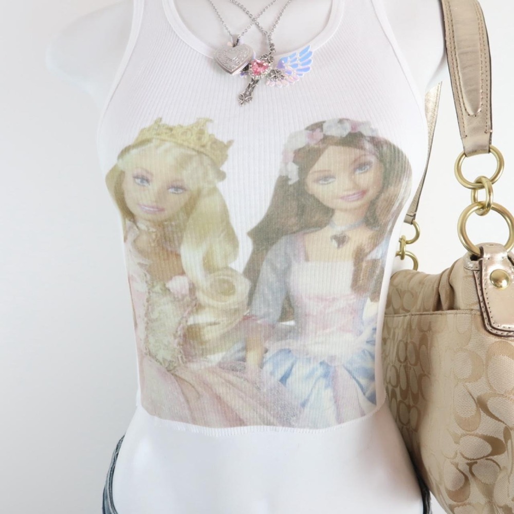 y2k barbie tank | 2000s barbie graphic ribbed cami | vintage doll print tank top - Picture 2 of 5